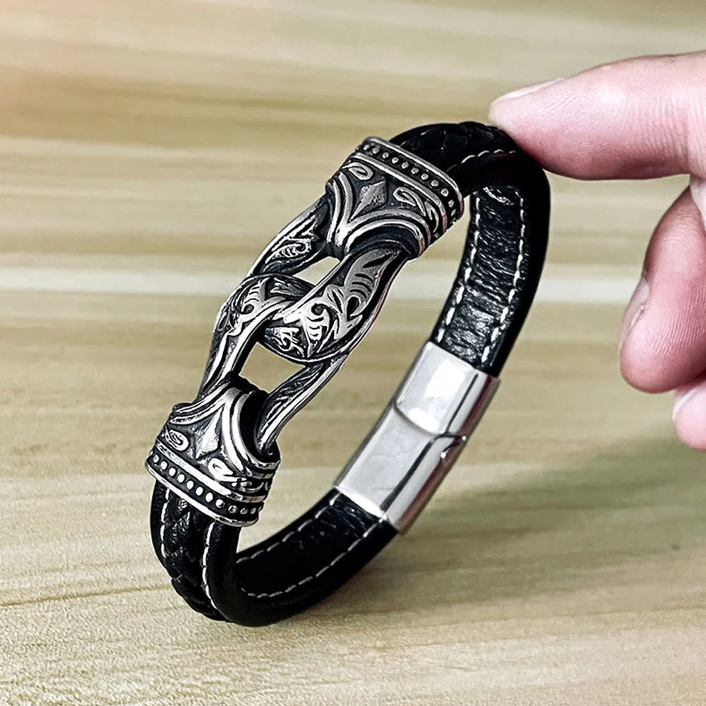 WorldNorse Lederarmband im Stil der nordischen Mythologie mit Wikingersymbolen