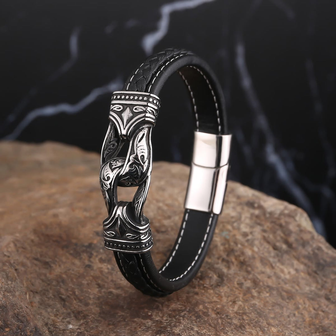 WorldNorse Lederarmband im Stil der nordischen Mythologie mit Wikingersymbolen