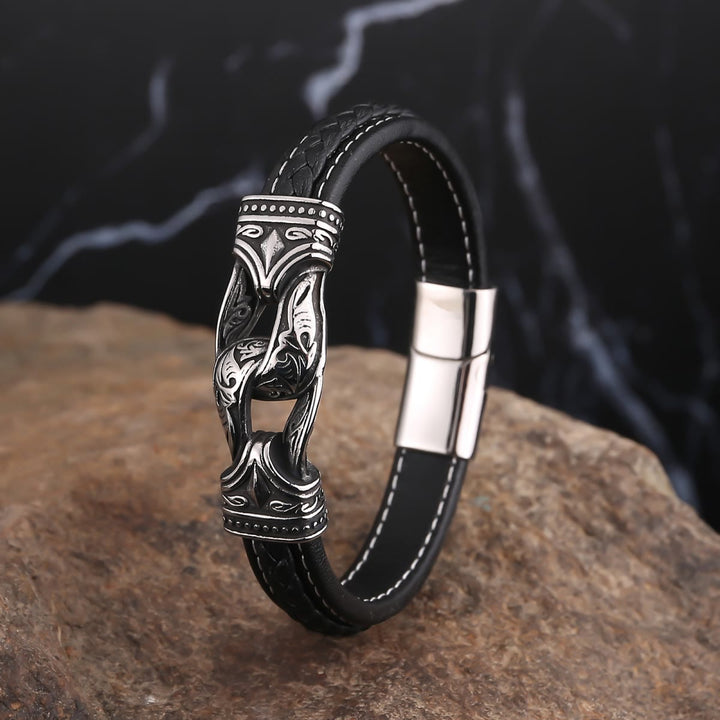WorldNorse Lederarmband im Stil der nordischen Mythologie mit Wikingersymbolen