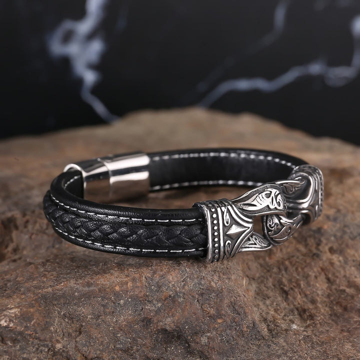 WorldNorse Lederarmband im Stil der nordischen Mythologie mit Wikingersymbolen