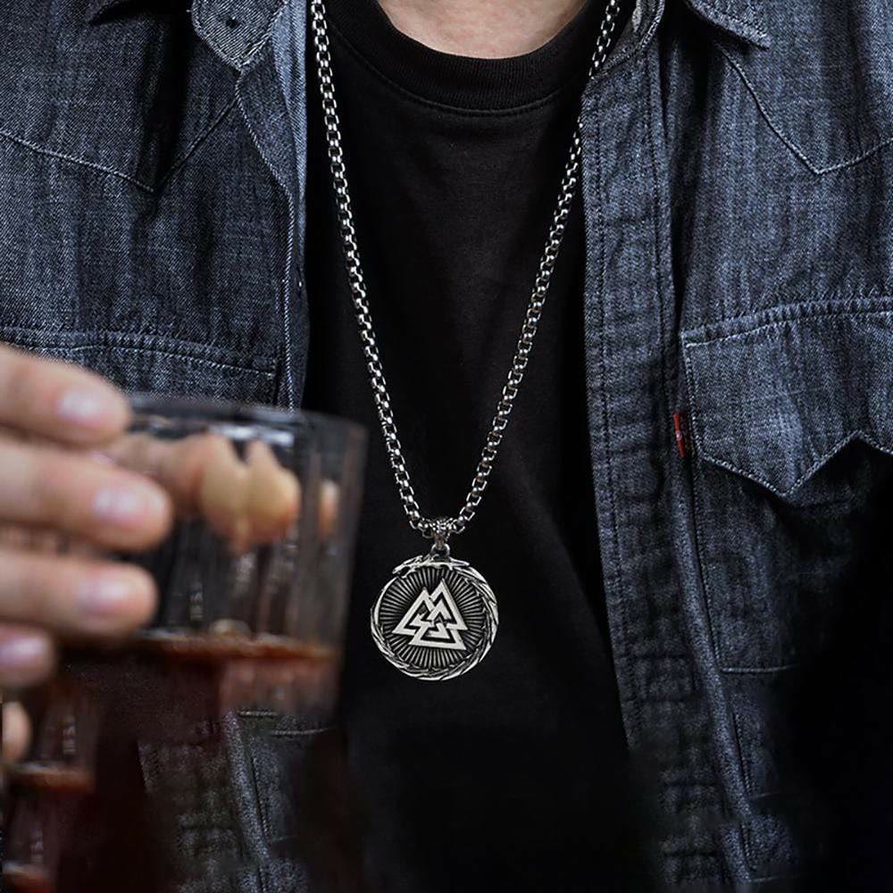 WorldNorse Doppelseitige Valknut -Dreieck- Vegvisir Kompass-Halskette
