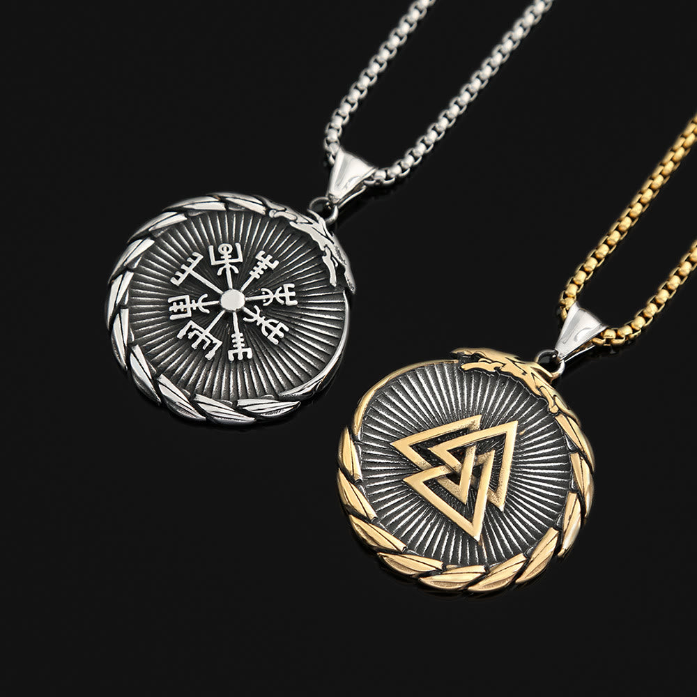 WorldNorse Doppelseitige Valknut -Dreieck- Vegvisir Kompass-Halskette