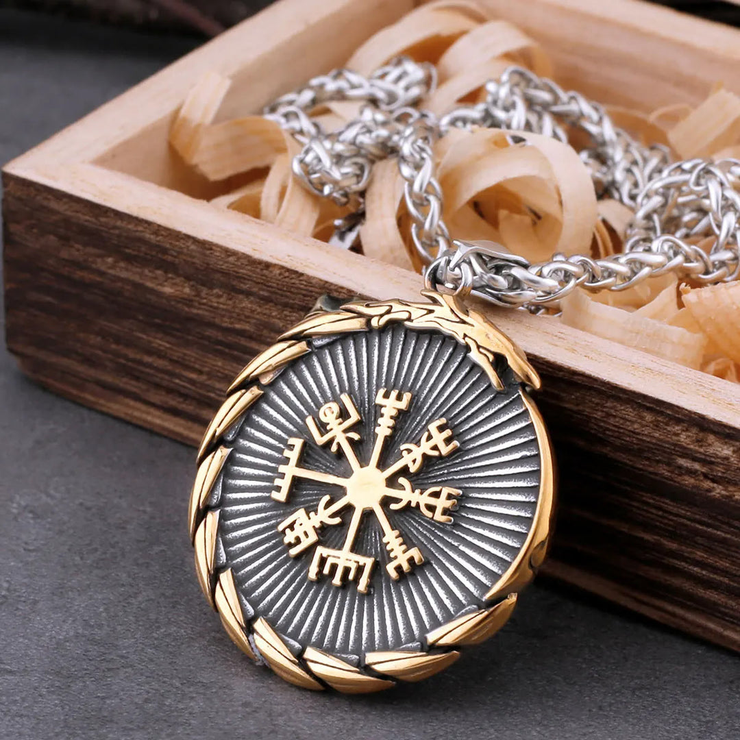 WorldNorse Doppelseitige Valknut -Dreieck- Vegvisir Kompass-Halskette
