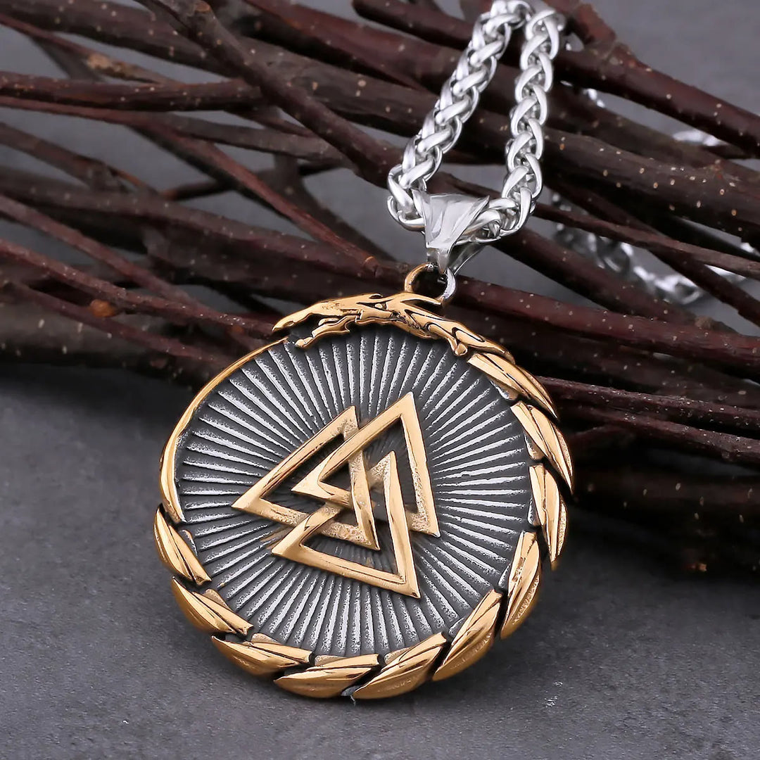 WorldNorse Doppelseitige Valknut -Dreieck- Vegvisir Kompass-Halskette