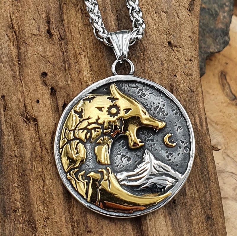 WorldNorse Wolf mit Mondnacht- Rune Amulett-Halskette