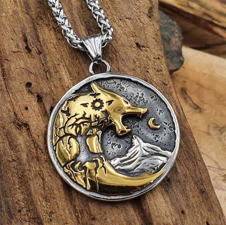WorldNorse Wolf mit Mondnacht- Rune Amulett-Halskette