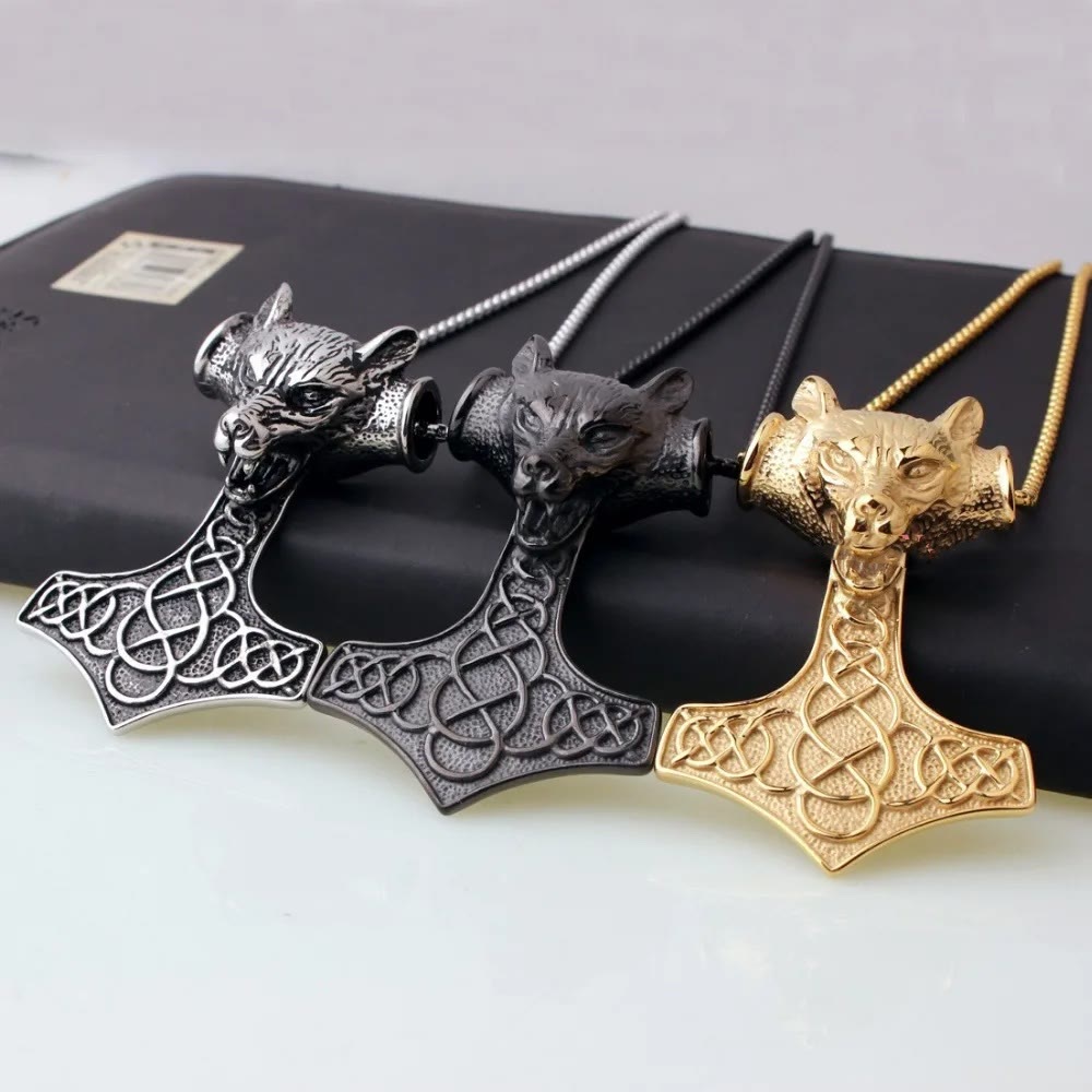 WorldNorse Halskette mit Thors Hammer und Wolf in 3 Farben