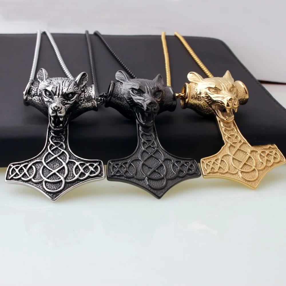 WorldNorse Halskette mit Thors Hammer und Wolf in 3 Farben