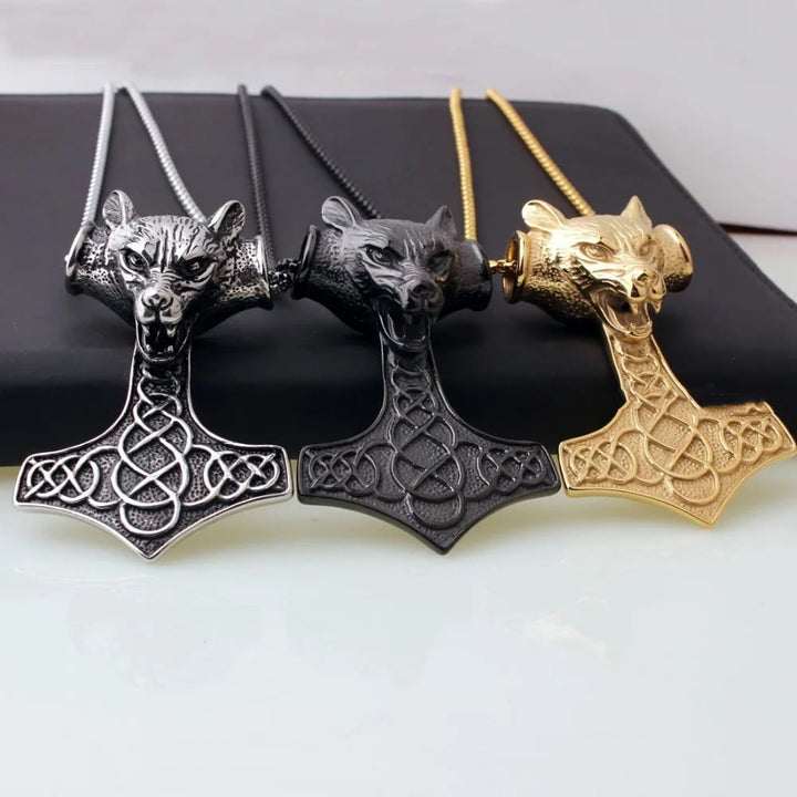 WorldNorse Halskette mit Thors Hammer und Wolf in 3 Farben