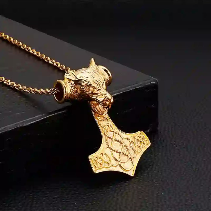 WorldNorse Halskette mit Thors Hammer und Wolf in 3 Farben