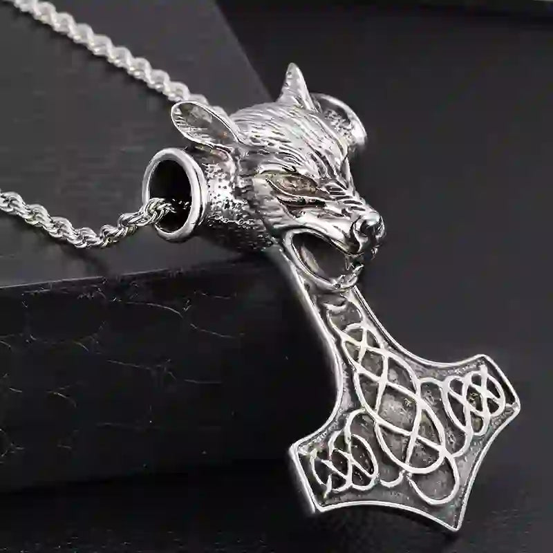 WorldNorse Halskette mit Thors Hammer und Wolf in 3 Farben