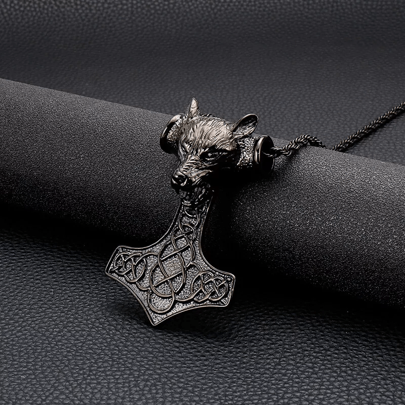 WorldNorse Halskette mit Thors Hammer und Wolf in 3 Farben