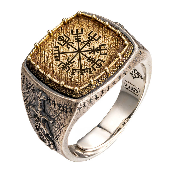 WorldNorse Ring aus handgefertigtem 925er Silber mit Valknut und Wikingersymbolen - Vegvisir - 67mm - JA, BITTE - image 3