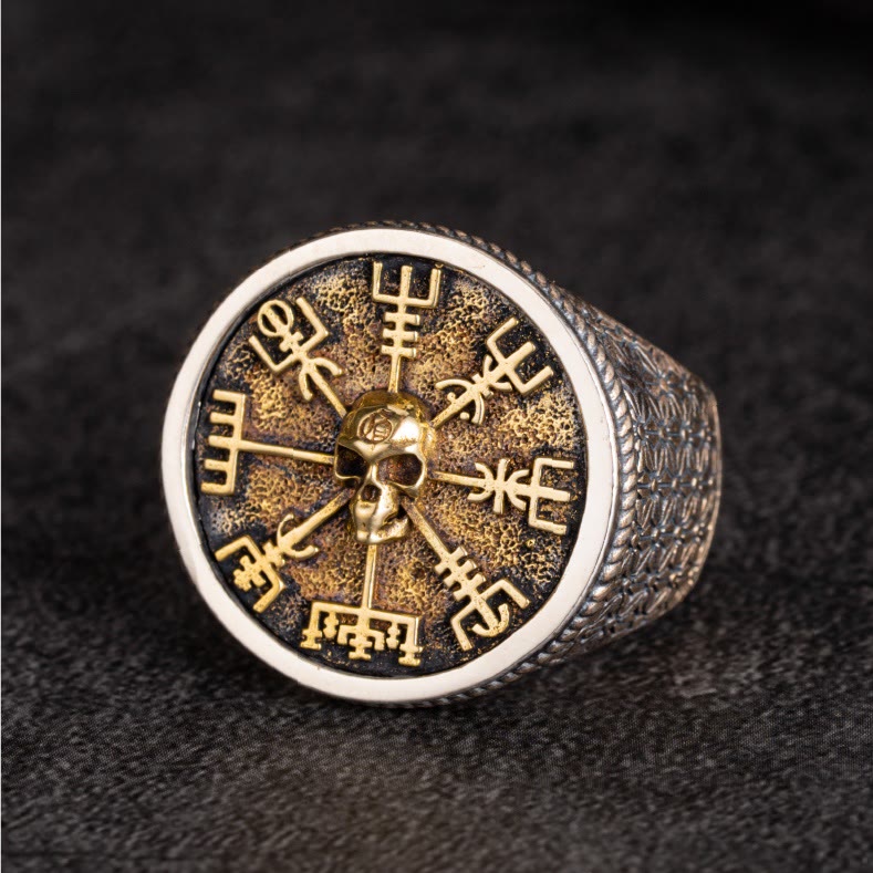 WorldNorse Ring aus 925er Sterlingsilber mit Vegvisir Totenkopf-Intarsien