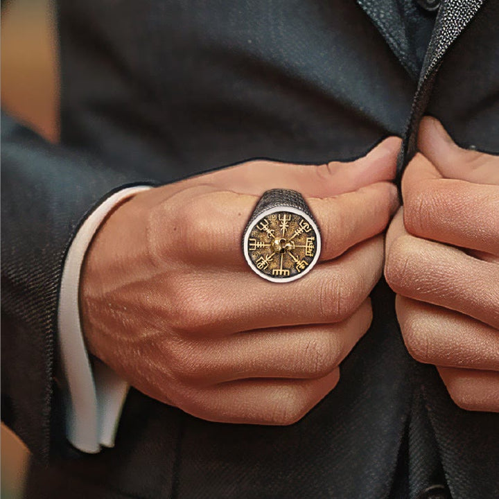 WorldNorse Ring aus 925er Sterlingsilber mit Vegvisir Totenkopf-Intarsien - image 1
