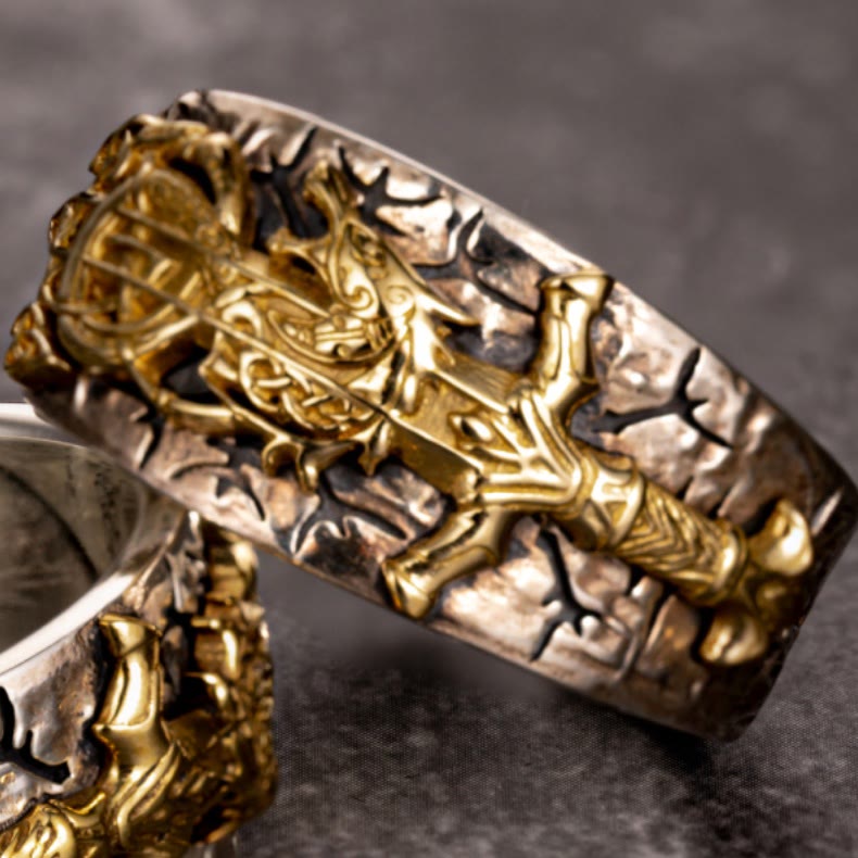 WorldNorse 925 Sterling Silber Schwert Nordischer Drache Offener Ring