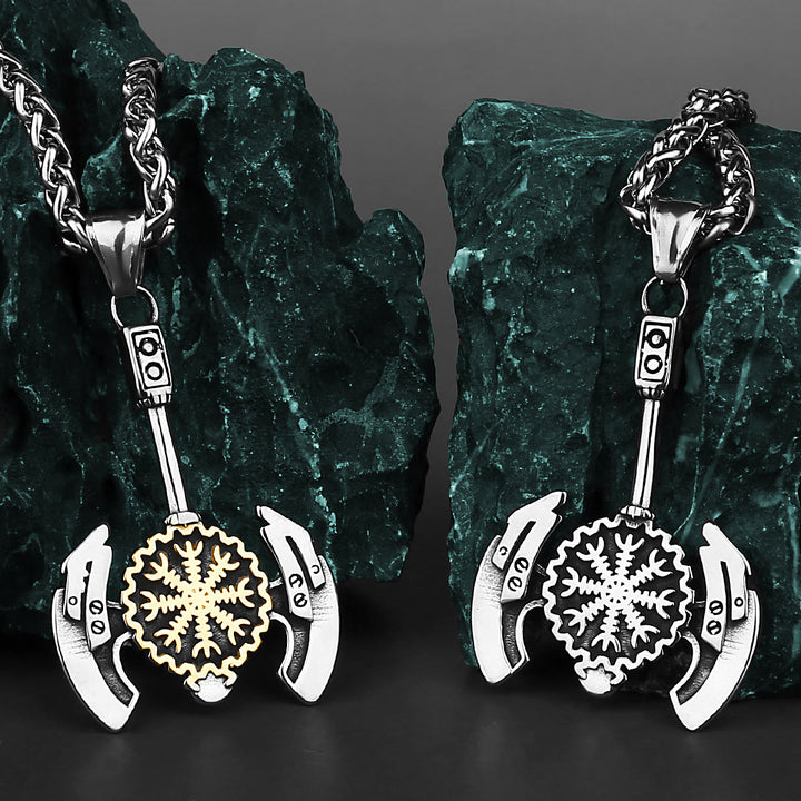 WorldNorse Helm der Ehrfurcht Valknut Axt Halskette