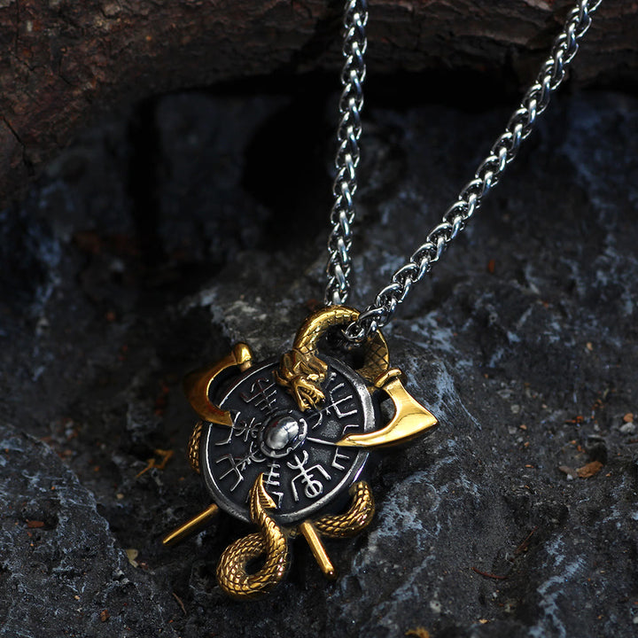 WorldNorse Äxte und Schild Nordischer Drache Drachenhalskette