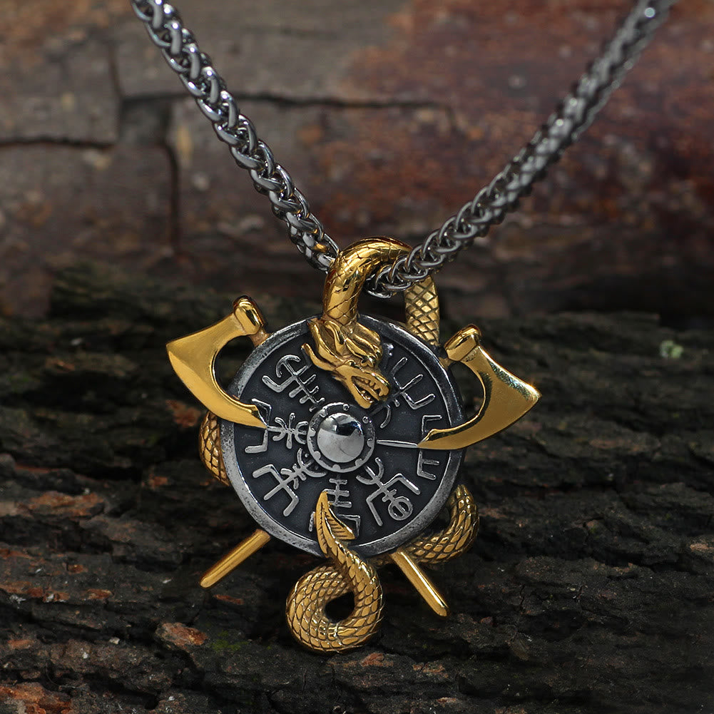WorldNorse Äxte und Schild Nordischer Drache Drachenhalskette