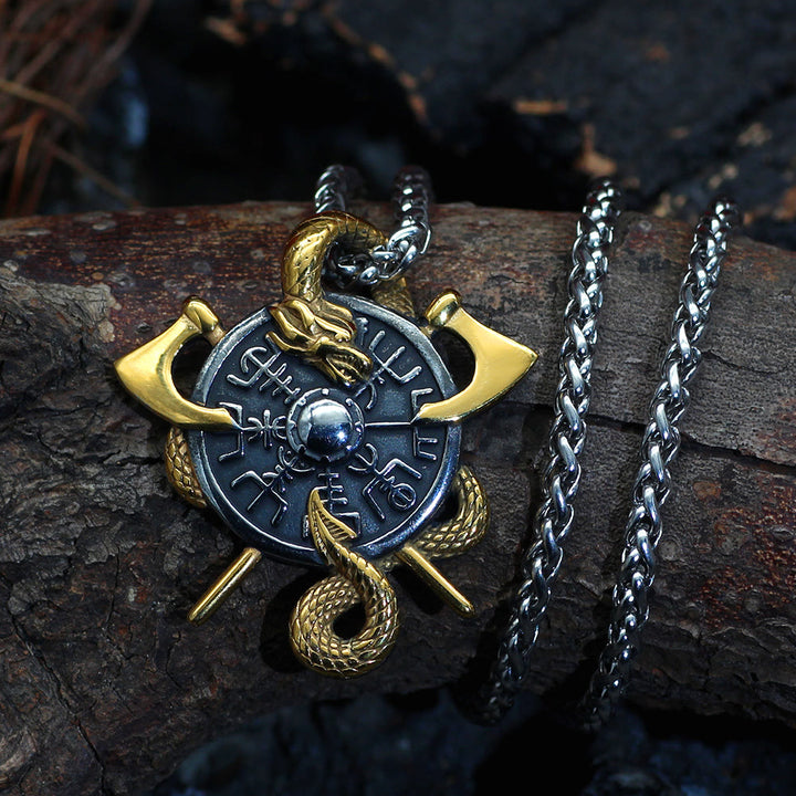WorldNorse Äxte und Schild Nordischer Drache Drachenhalskette