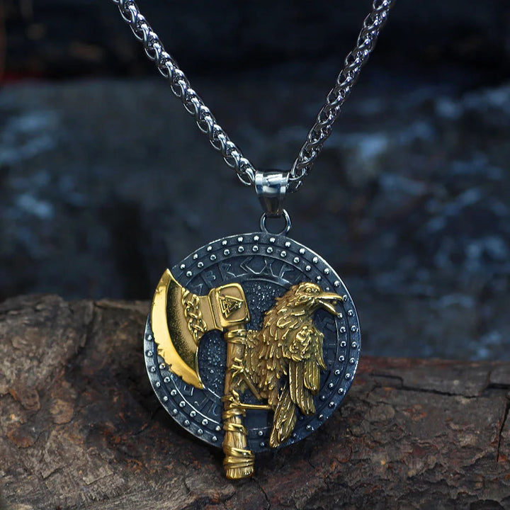 WorldNorse Raven und Axt mit Runen Halskette
