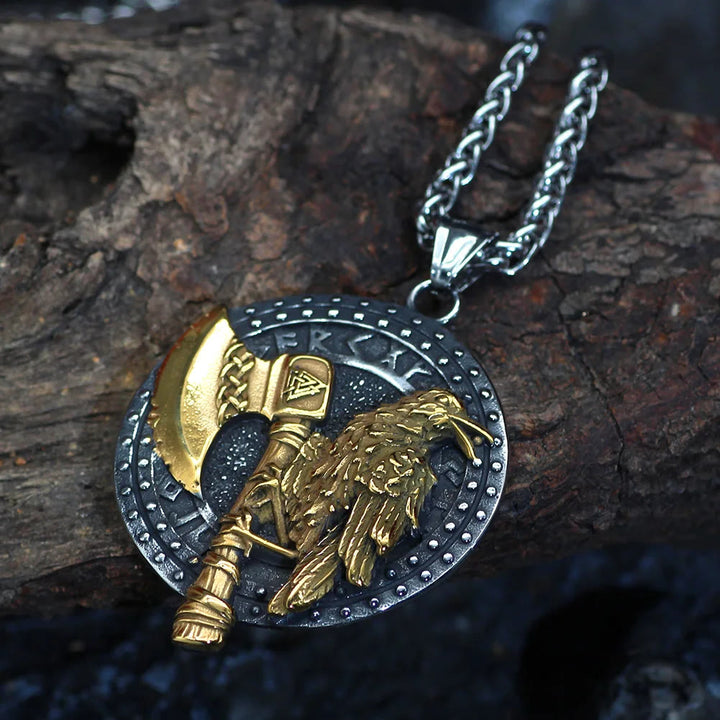 WorldNorse Raven und Axt mit Runen Halskette