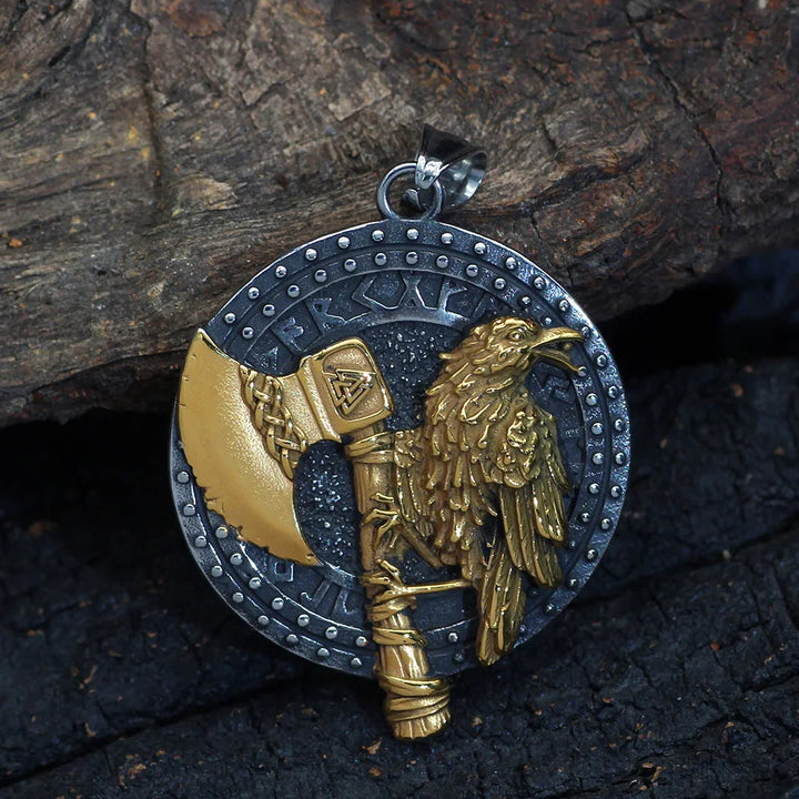 WorldNorse Raven und Axt mit Runen Halskette