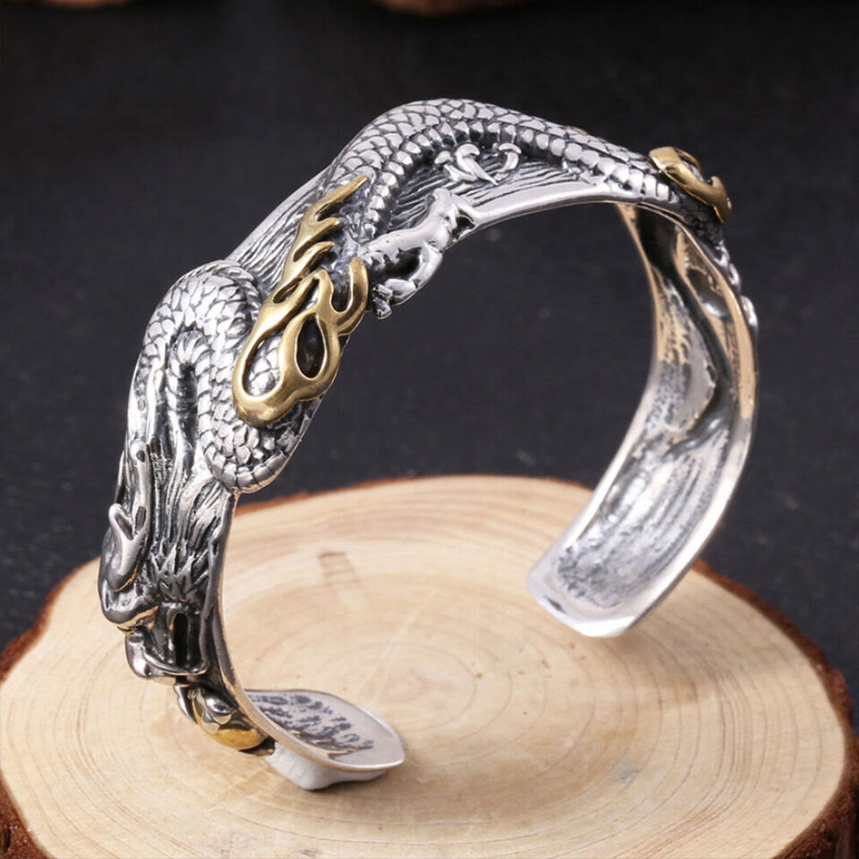 WorldNorse 925 Sterling Silber offener Armreif mit Drachenmotiv