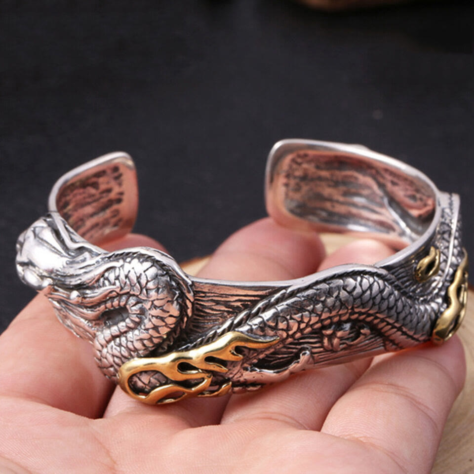 WorldNorse 925 Sterling Silber offener Armreif mit Drachenmotiv