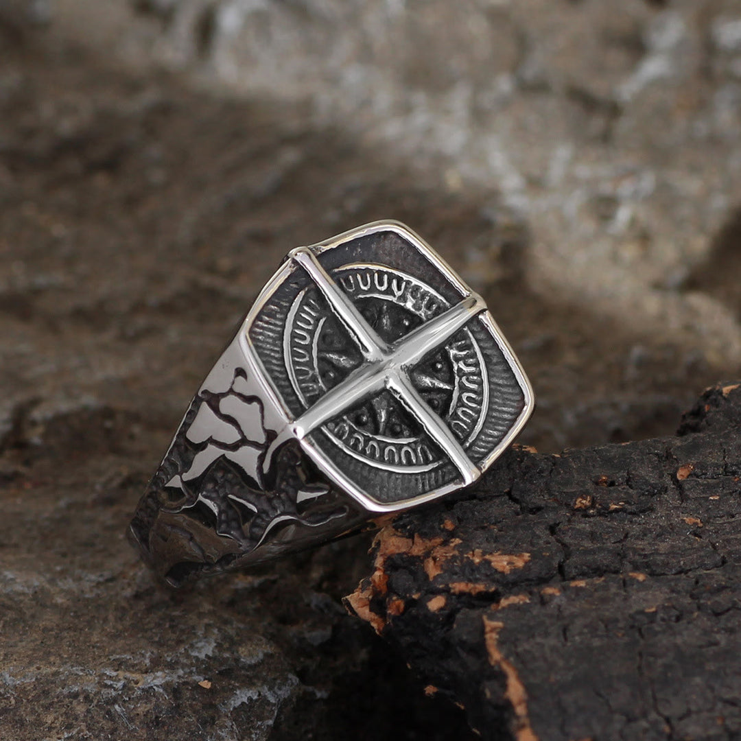 WorldNordischer Piratenkompass-Kreuz-Ring aus Edelstahl