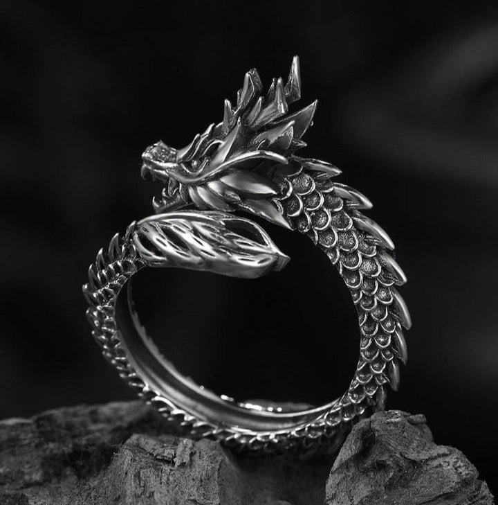 WorldNorse Drachenring aus dunklem Stahl und Silber