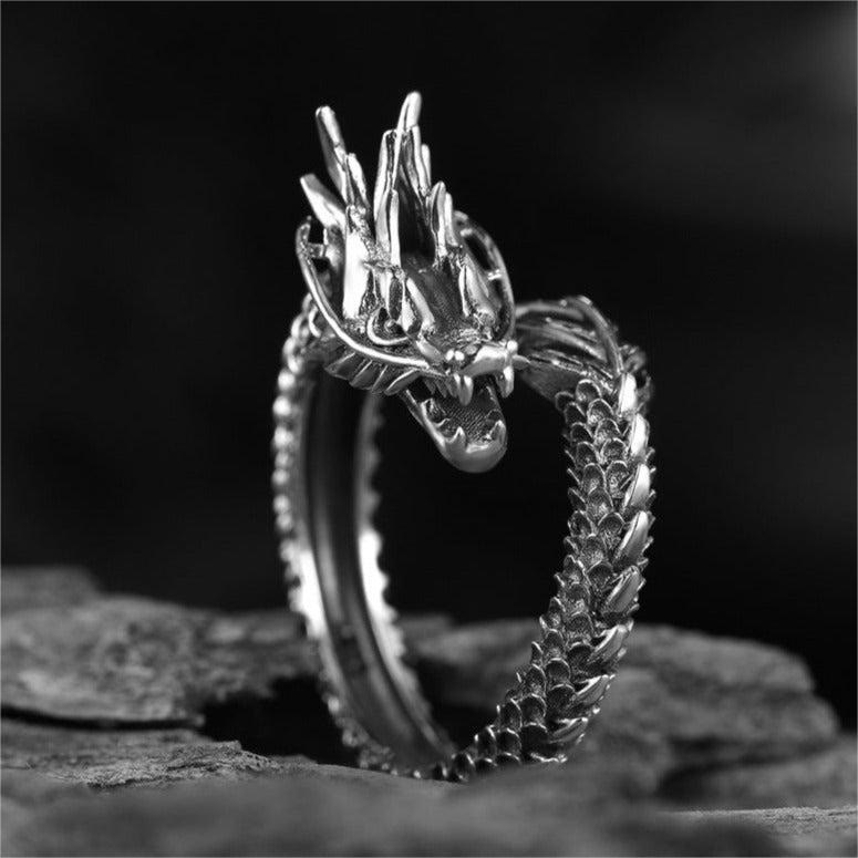 WorldNorse Drachenring aus dunklem Stahl und Silber
