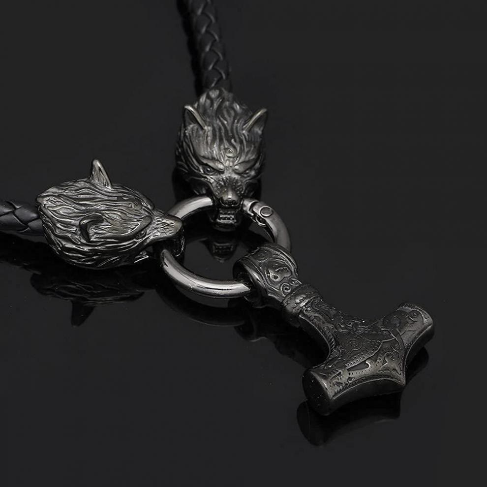 WorldNordische Wikinger-Halskette mit Wolf und Lederseil , Mjölnir