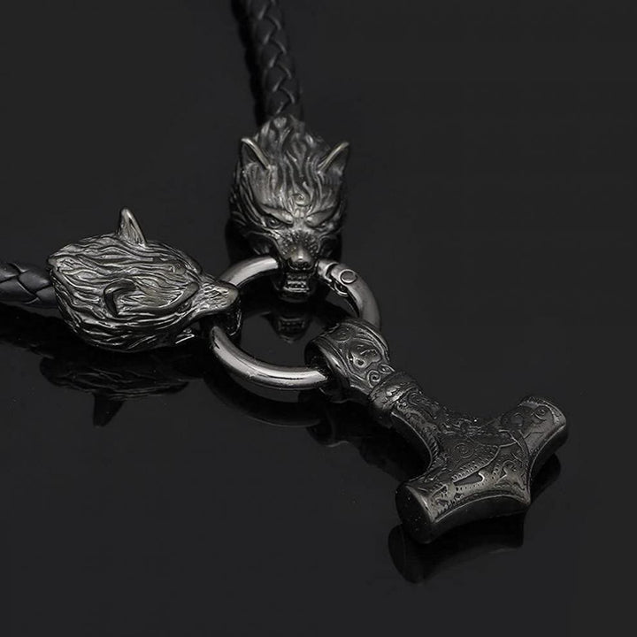 WorldNordische Wikinger-Halskette mit Wolf und Lederseil , Mjölnir