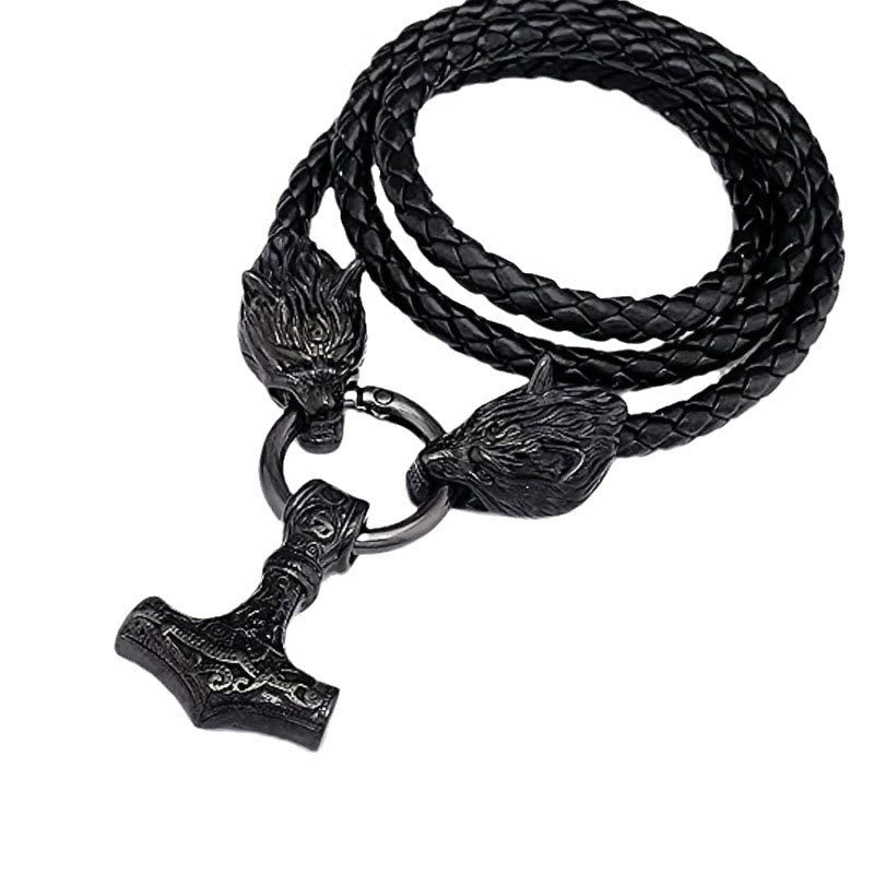 WorldNordische Wikinger-Halskette mit Wolf und Lederseil , Mjölnir