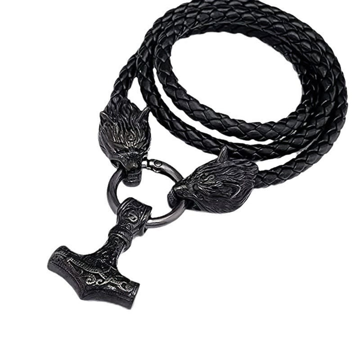 WorldNordische Wikinger-Halskette mit Wolf und Lederseil , Mjölnir