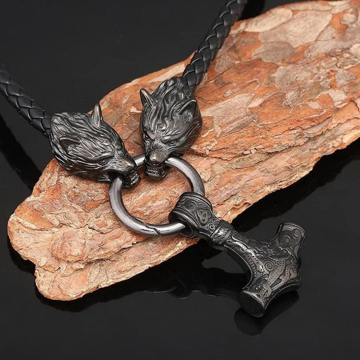WorldNordische Wikinger-Halskette mit Wolf und Lederseil , Mjölnir