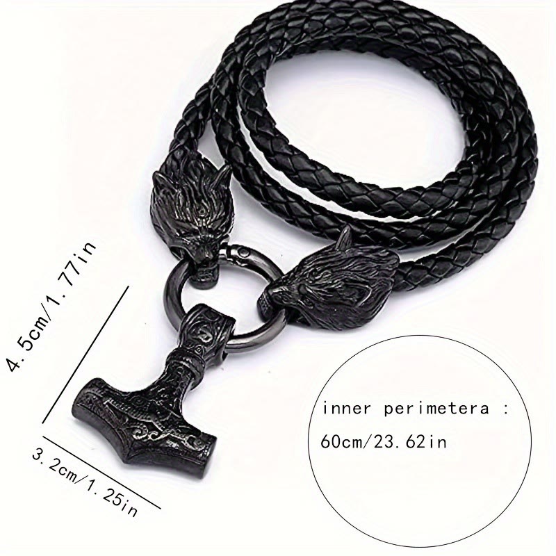 WorldNordische Wikinger-Halskette mit Wolf und Lederseil , Mjölnir