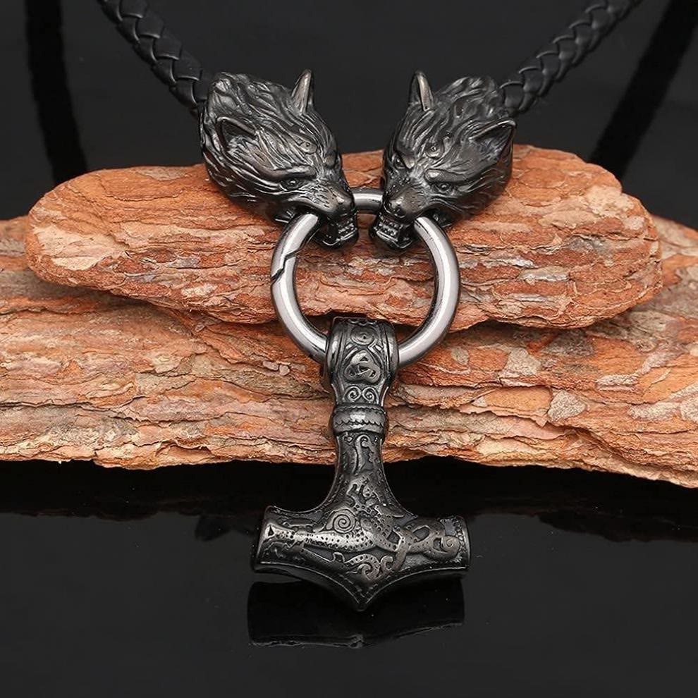 WorldNordische Wikinger-Halskette mit Wolf und Lederseil , Mjölnir
