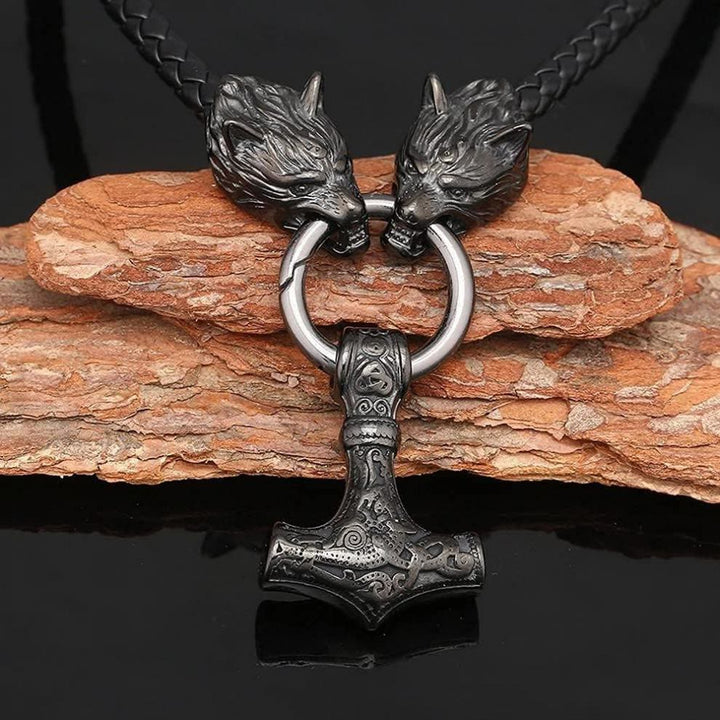 WorldNordische Wikinger-Halskette mit Wolf und Lederseil , Mjölnir