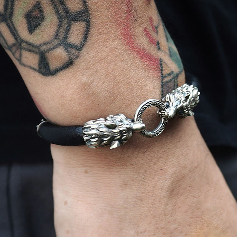 WorldNorse 925 Sterling Silber Wikinger Tiere Lederarmband