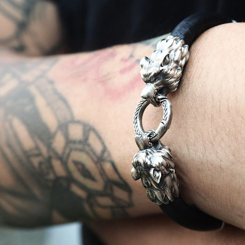 WorldNorse 925 Sterling Silber Wikinger Tiere Lederarmband