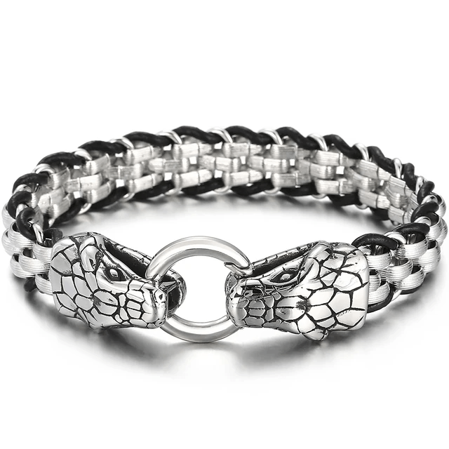 WorldNorse Geflochtenes Lederarmband mit Schlangenkopfschnalle