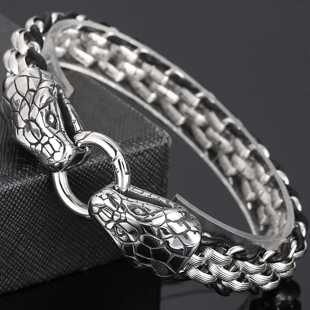 WorldNorse Geflochtenes Lederarmband mit Schlangenkopfschnalle