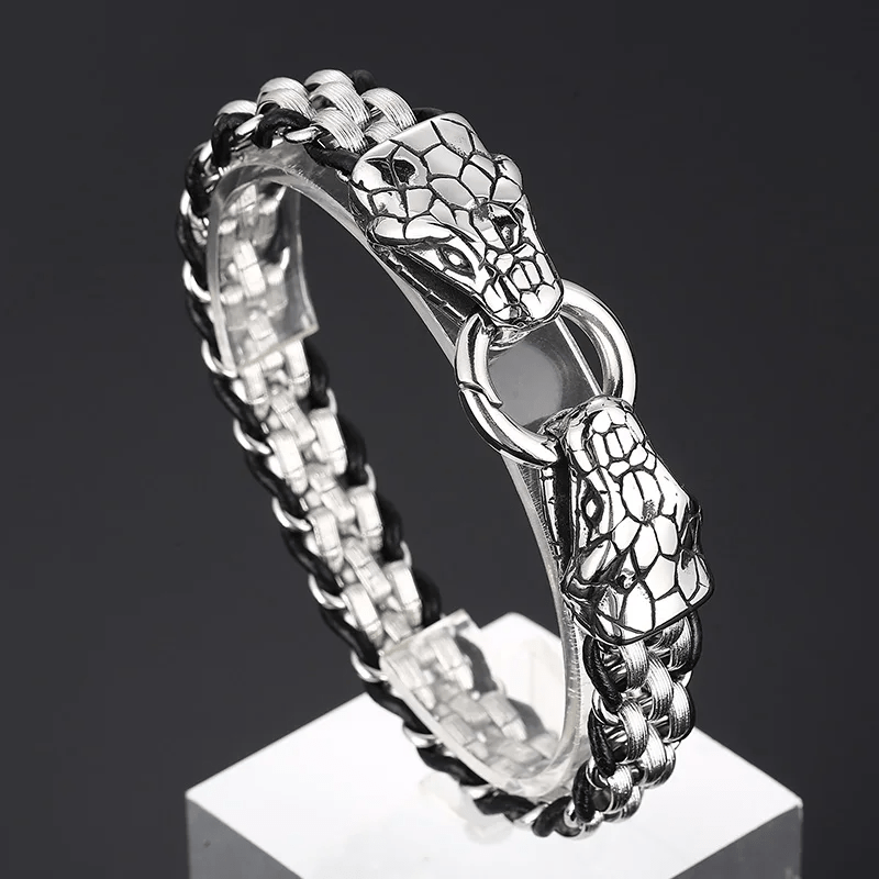 WorldNorse Geflochtenes Lederarmband mit Schlangenkopfschnalle
