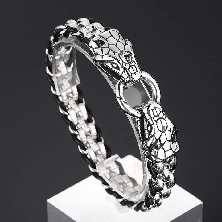 WorldNorse Geflochtenes Lederarmband mit Schlangenkopfschnalle