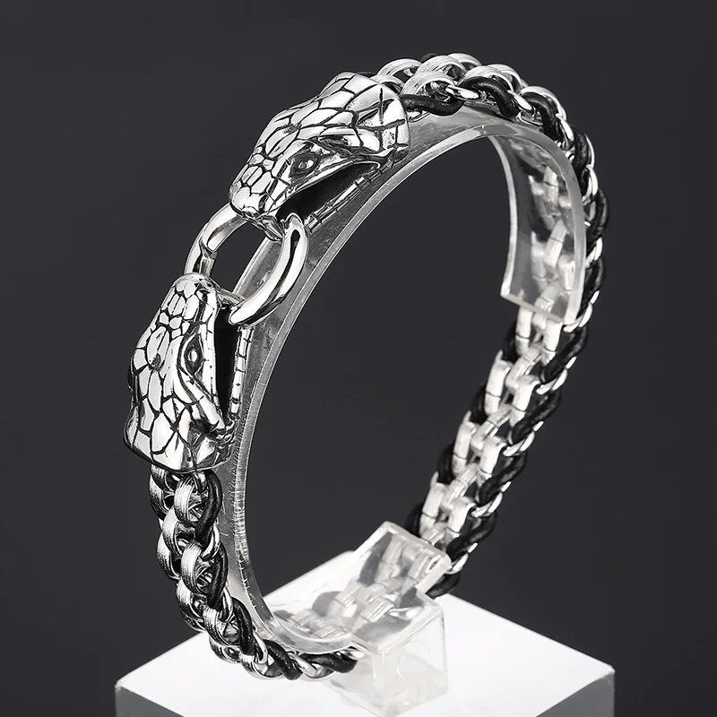 WorldNorse Geflochtenes Lederarmband mit Schlangenkopfschnalle