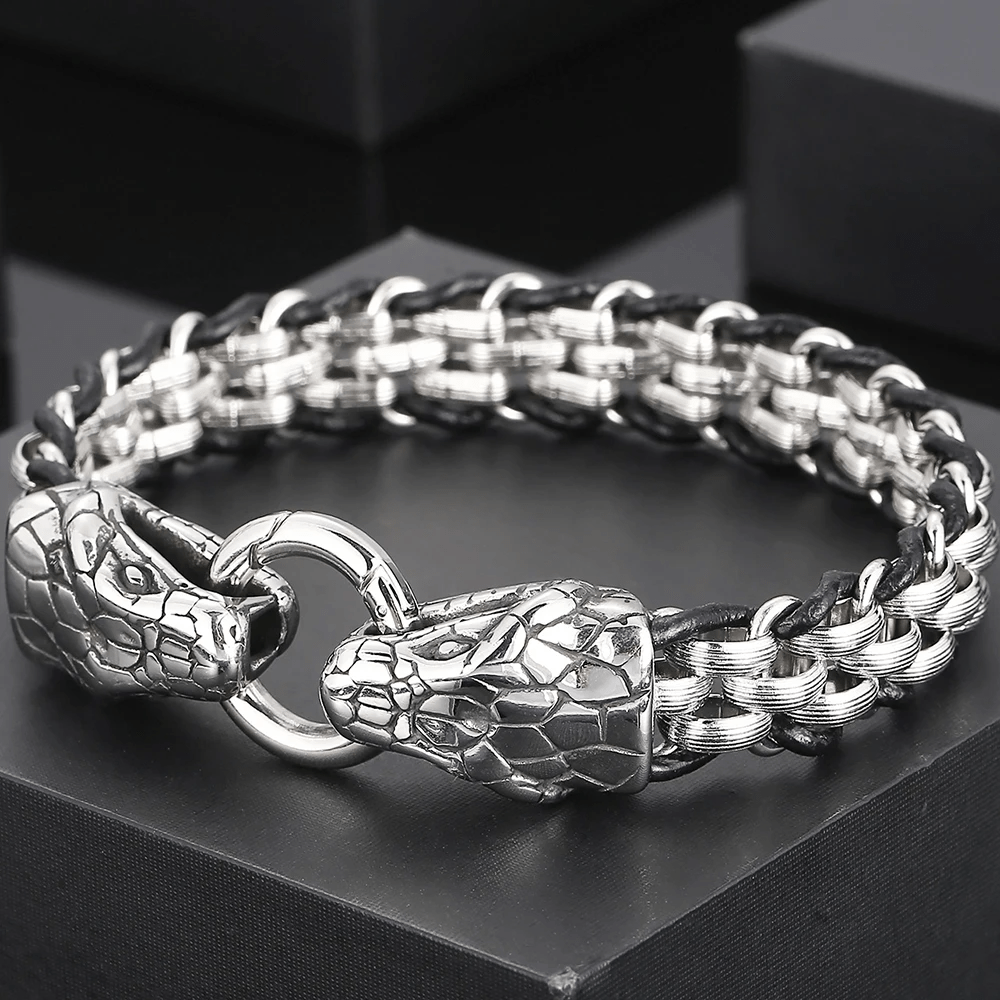 WorldNorse Geflochtenes Lederarmband mit Schlangenkopfschnalle