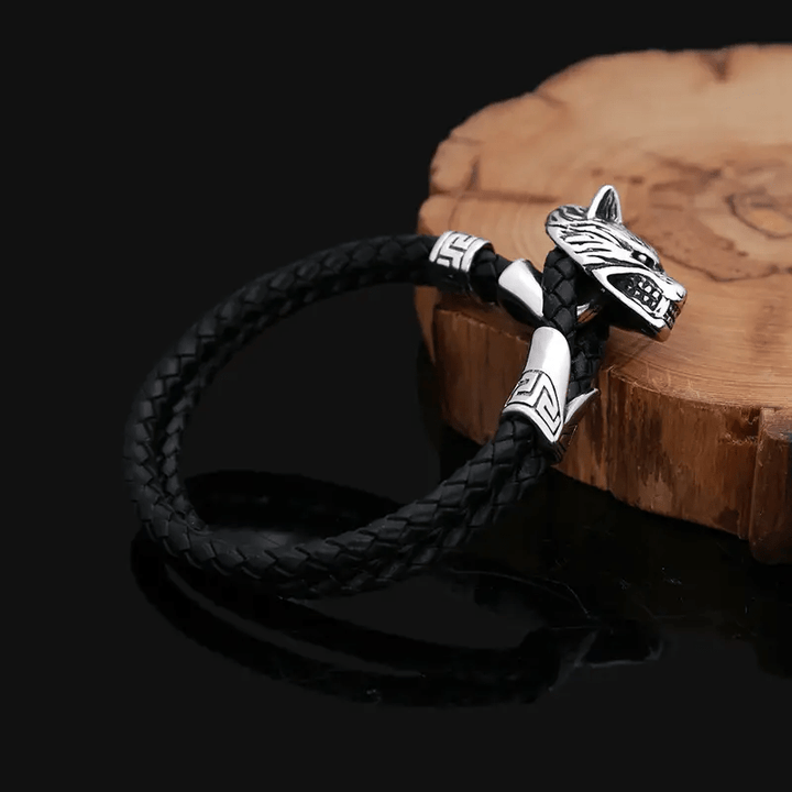 WorldNorse Wolf -Doppelarmband aus geflochtenem Leder