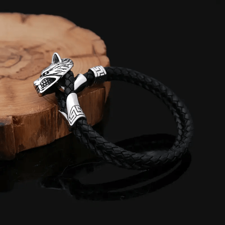 WorldNorse Wolf -Doppelarmband aus geflochtenem Leder